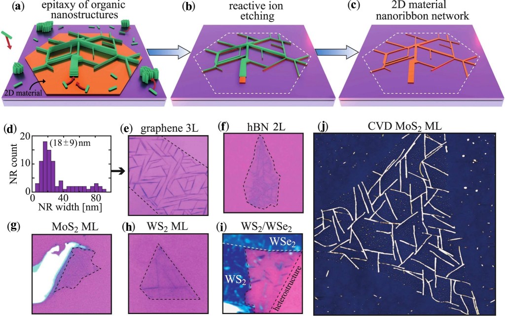 Figure 1. (a)-(c) Schematic illustration of arbitrary 2D material nanoribbon network fabrication process. (d)-(j) Examples of fabricated NRNs based on different 2D materials and heterostructures.