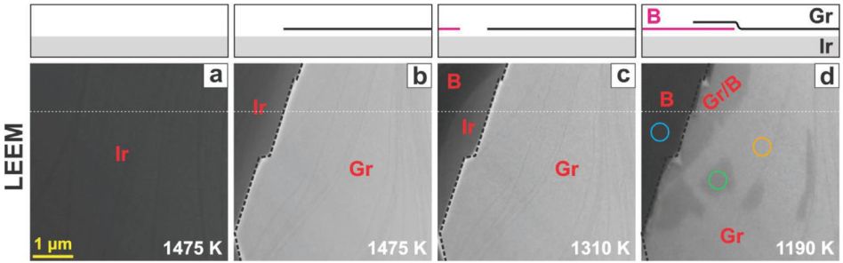 Figure 1. A sequence of LEEM images depicting formation of graphene-borophene heterostructure. Different regions on the sample surface are noted: Ir – bare iridium surface, Gr – graphene on iridium, B – borophene on iridium, Gr/B – graphene-borophene heterostructure on iridium. Top row schematically shows sample profiles along dashed lines in panels (a)-(d).